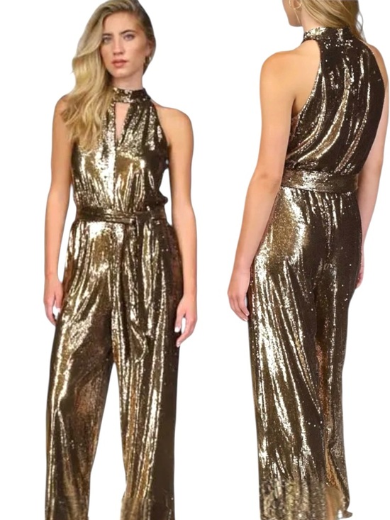 MICHAEL Michael Kors Pants - Michael Kors Gold Sequin Halter Wide Leg Jumpsuit